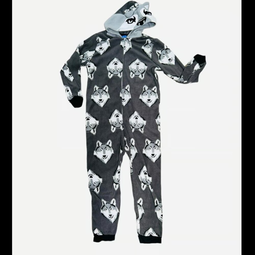 Kids Wolf gray union suit one piece sleeper hooded
